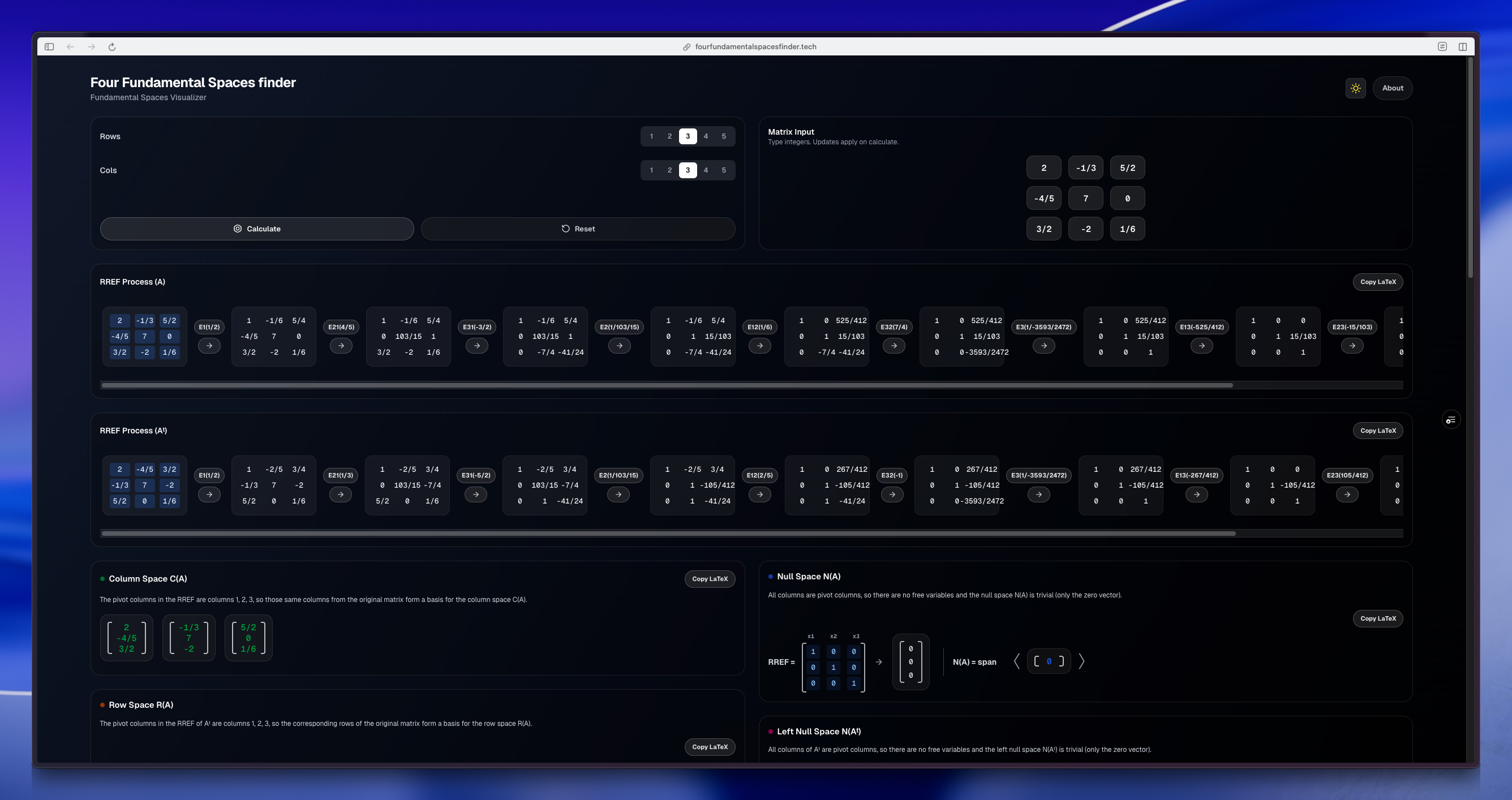 Four Fundamental Spaces Finder